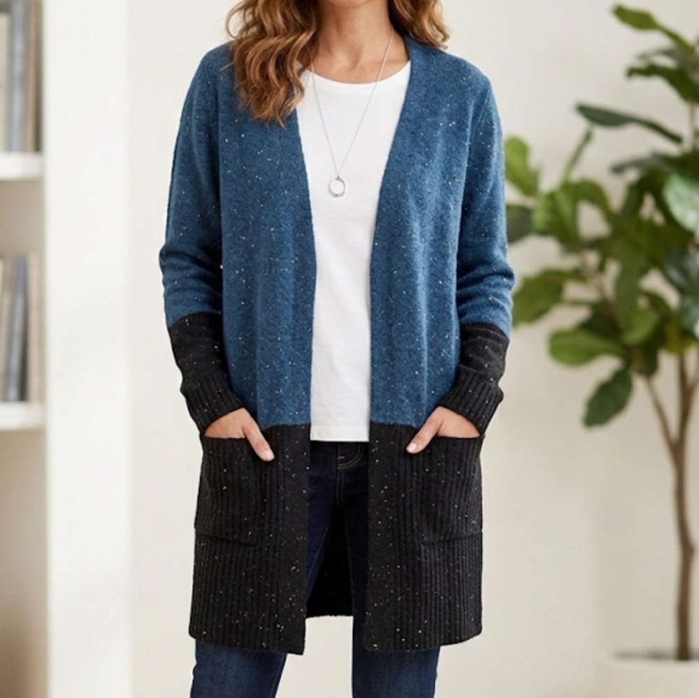 LOVE ELLIE Cardigan Blue Black Colorblock Open Front Ribbed Stretch Pocket Small